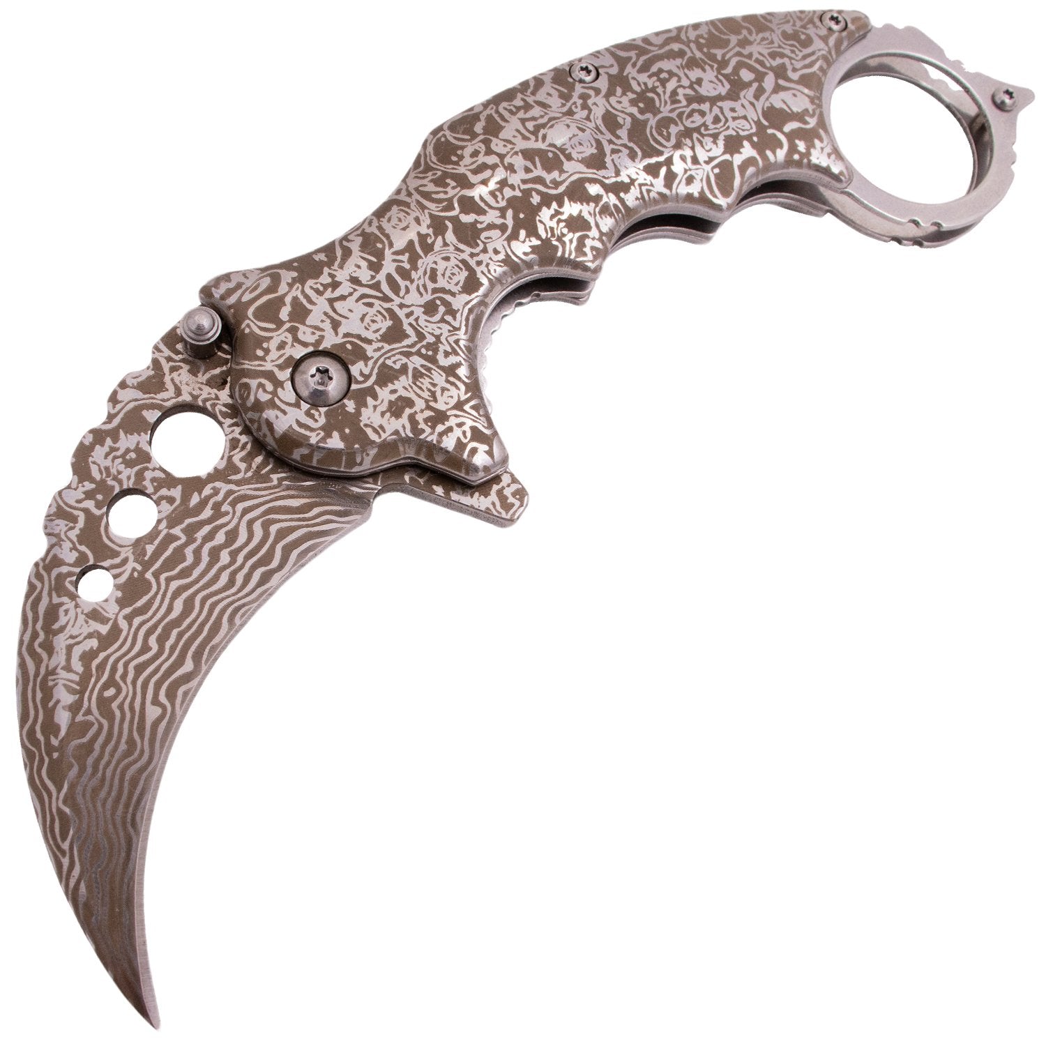 Etched Damascus Karambit Knife Spring Assisted Folder - 5 Colors Knife-Assist - Tophatter Daily Deals
