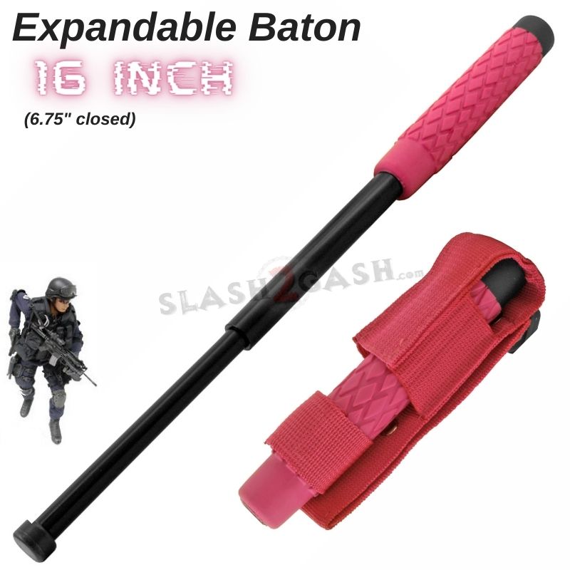 Expandable Pink Baton Metal Police Stick w/ Sheath - 16" Inch 16" - Pink Black SD-Baton - Tophatter Daily Deals