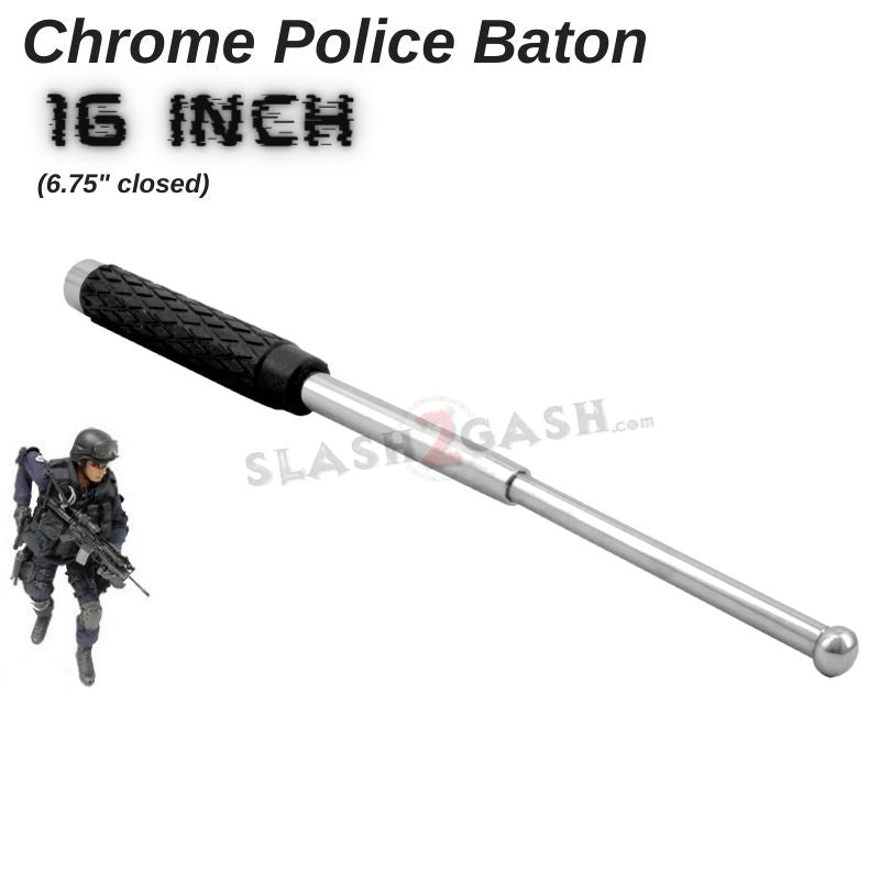 Chrome Baton Expandable Steel Police Stick Silver w/ Sheath - 16