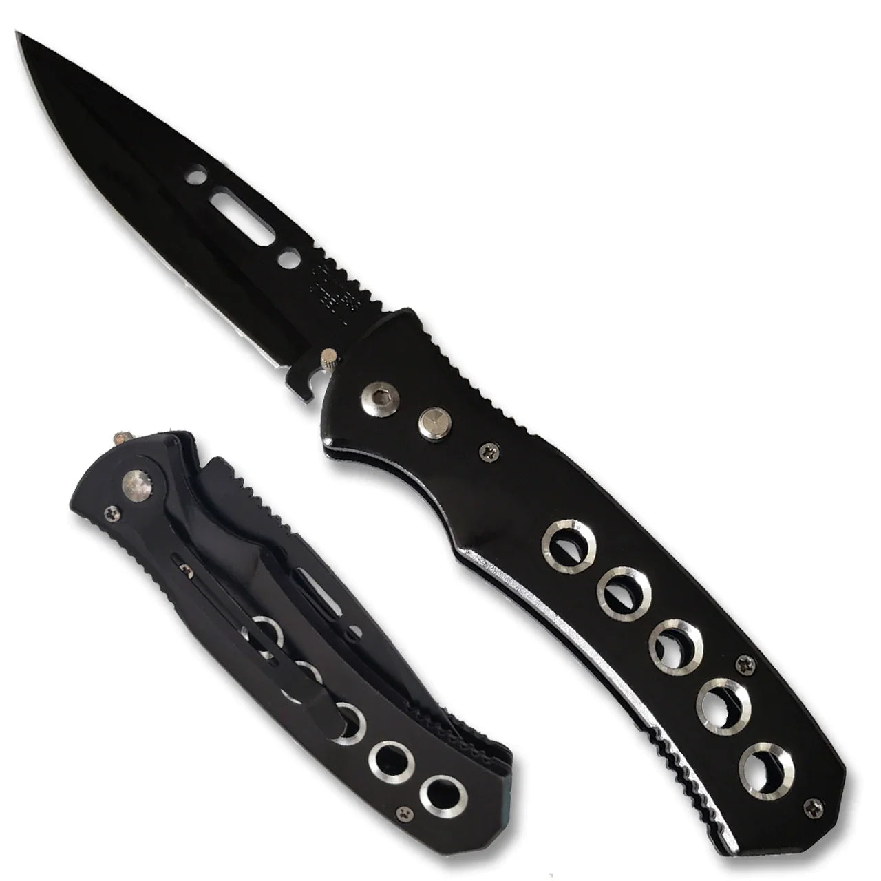 EYELET Automatic Knife Switchblade with Holes + Safety Lock - Black Knife-Auto - Tophatter Daily Deals