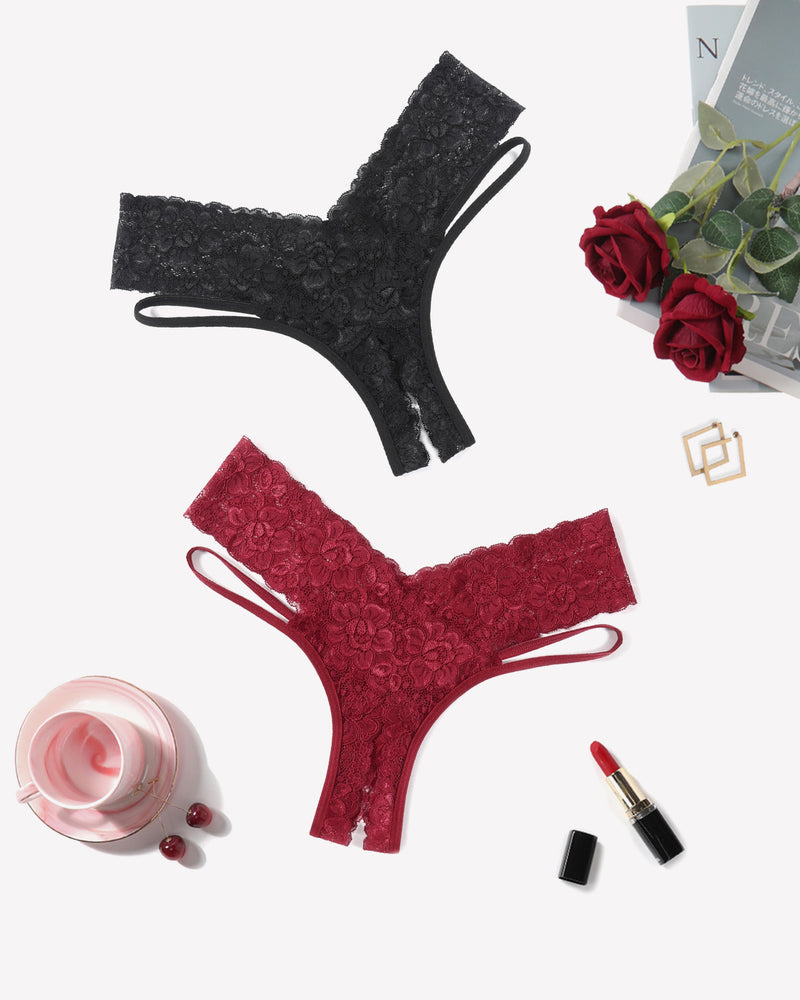 Lace Briefs V-Shape Cheeky Panties Black+wine Red Lingeries-panties - Tophatter Daily Deals