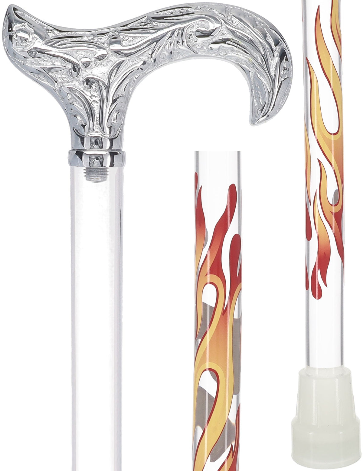 Flame Crystal Elegance Chrome Derby Cane with Invisible Acrylic Shaft Options Crystal Clarity Clear Lucite Walking Canes - Tophatter Daily Deals