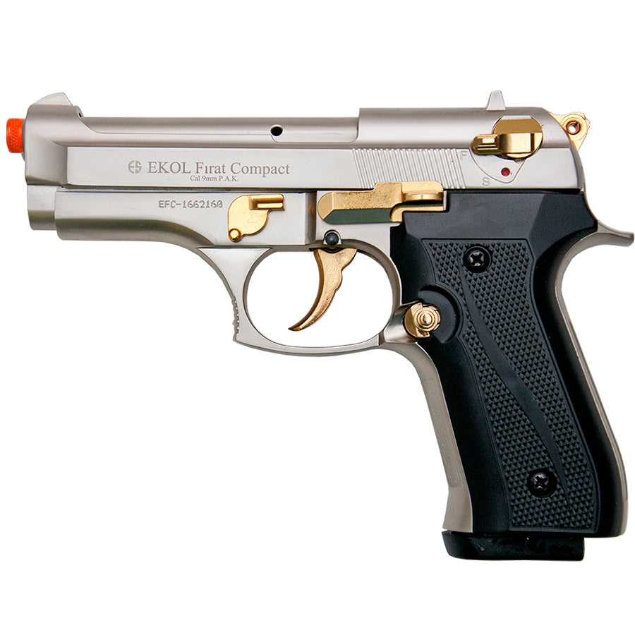 Firat Compact V92F Satin Finish With Gold Fittings - Front Firing Blank Gun - Tophatter's Inc. Weapons Store Online Collectible Weapons - Tophatter Daily Deals