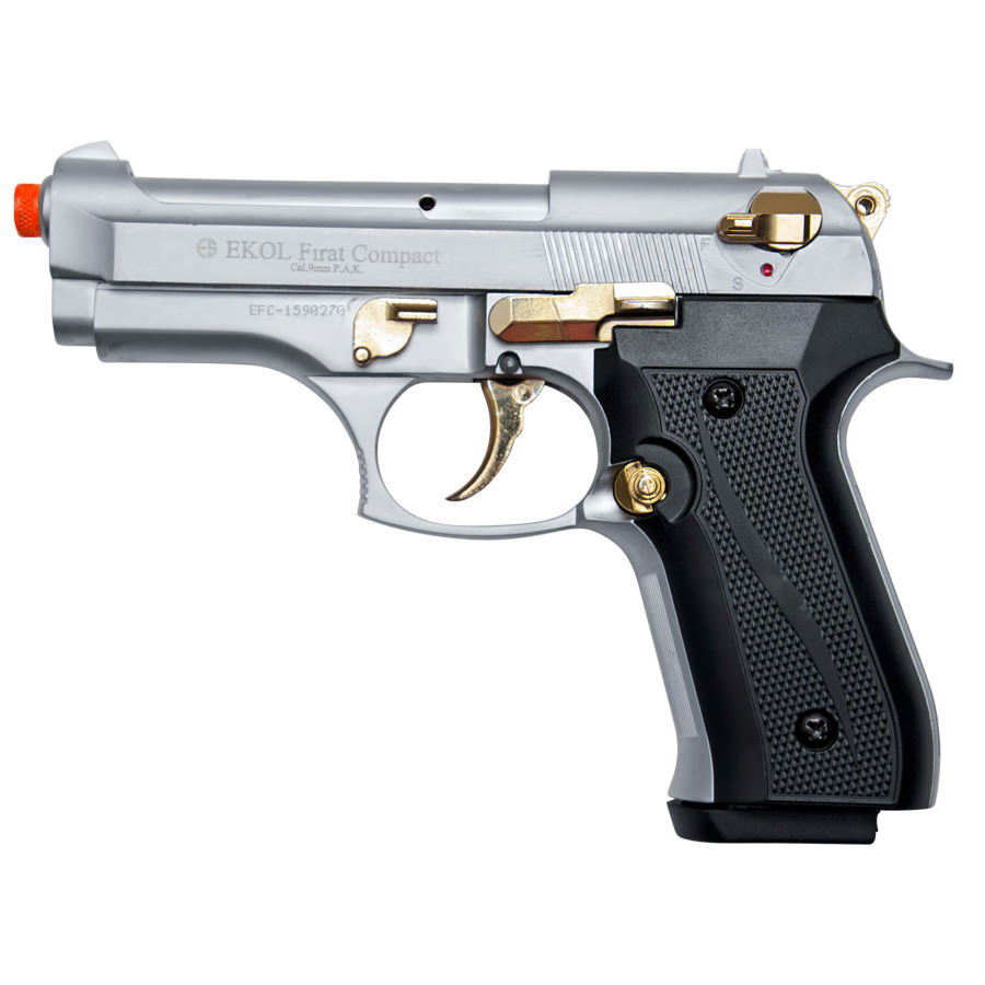 Compact V92F Nickel with Gold Fittings - Front Firing Blank Replica Gun - Tophatter's Inc. Weapons Store Online Collectible Weapons - Tophatter Daily Deals