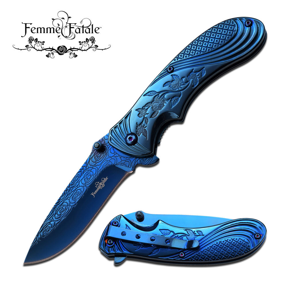 Femme Fatale Ladies Pocket Knife "Every Rose Has A Thorn"- BLUE Knife-Assist - Tophatter Daily Deals