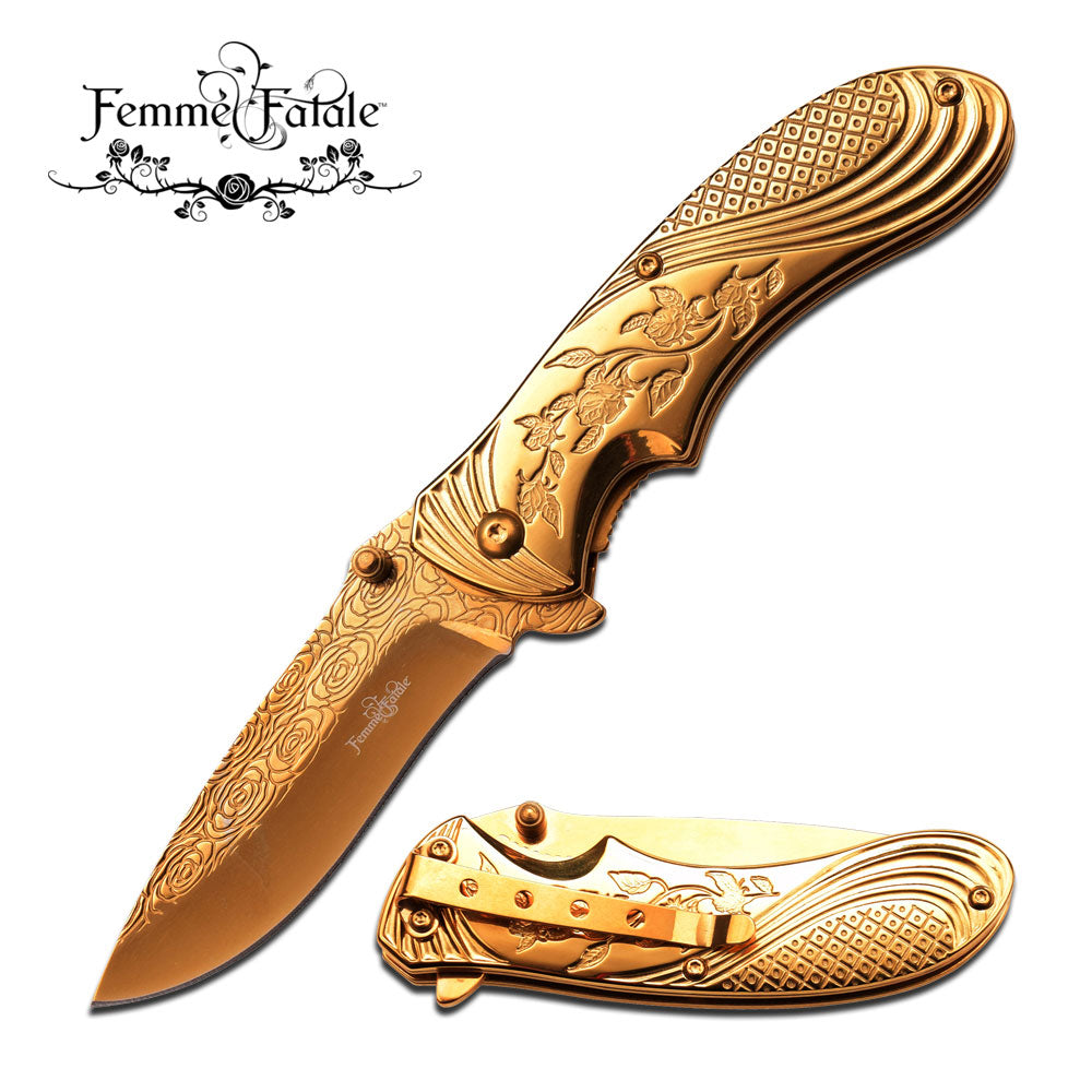 Femme Fatale Ladies Pocket Knife "Every Rose Has A Thorn"- GOLD Knife-Assist - Tophatter Daily Deals