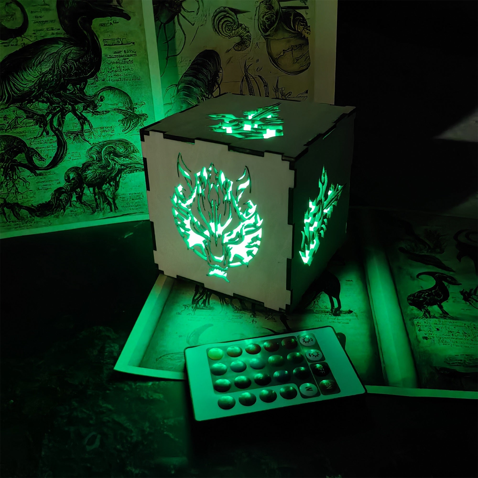 FF Wolf Head Neon Night Light Wooden Cube Light - Tophatter Daily Deals