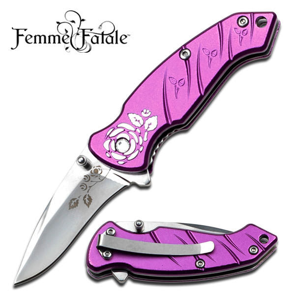 Magenta Pink Femme Fatale Women's Wild Rose Folding Knife Spring Assisted Collectible Weapons - Tophatter Daily Deals