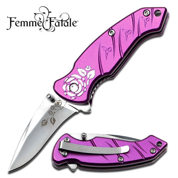 Magenta Pink Femme Fatale Women's Wild Rose Folding Knife Spring Assisted - Tophatter's Guns'N'Weapons Store Collectible Weapons - Tophatter Daily Deals