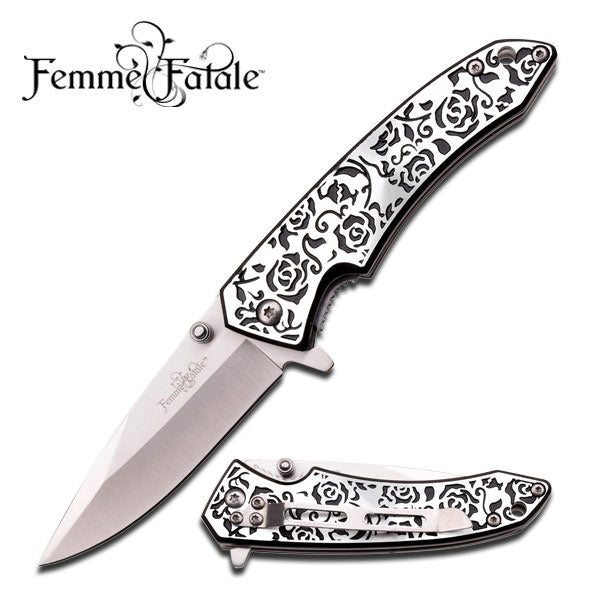 Black Rose Texture Handle Spring Assisted Opening Knife - TOPHATTER'S ARMORY DEALS Collectible Weapons - Tophatter Daily Deals