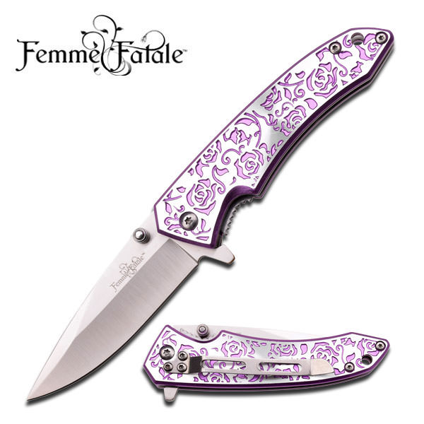 Purple Rose Texture Handle Spring Assisted Opening Knife - Tophatter's Guns'N'Weapons Store Collectible Weapons - Tophatter Daily Deals
