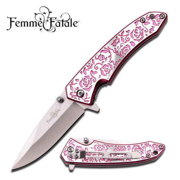 Pink Rose Texture Handle Spring Assisted Opening Knife - TOPHATTER'S ARMORY DEALS Collectible Weapons - Tophatter Daily Deals