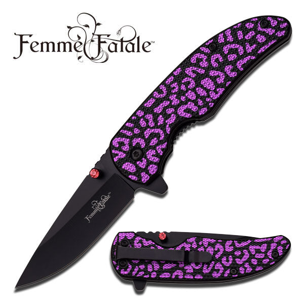 Purple Leopard Texture Handle Spring Assisted Opening Knife Collectible Weapons - Tophatter Daily Deals