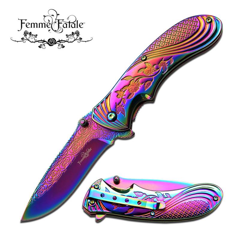 4 Inch Handle Rainbow Titanium Spring Assisted Folding Knife Collectible Weapons - Tophatter Daily Deals