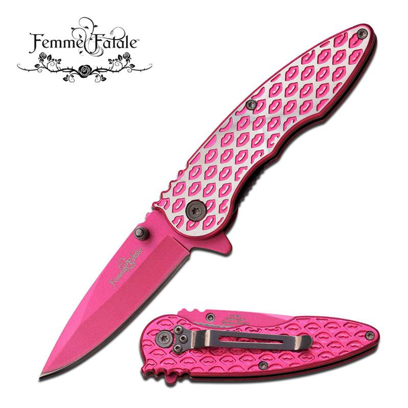 Femme Fatale SMOOCHES Assisted Open Pocket Knife Pink Blade Lips - Tophatter's Guns'N'Weapons Store Collectible Weapons - Tophatter Daily Deals
