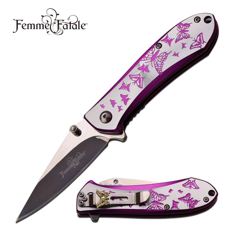 4 Inch Closed Butterfly Design Assisted Opening Knife Purple Silver Handle - Tophatter's Inc. Weapons Store Online Collectible Weapons - Tophatter Daily Deals