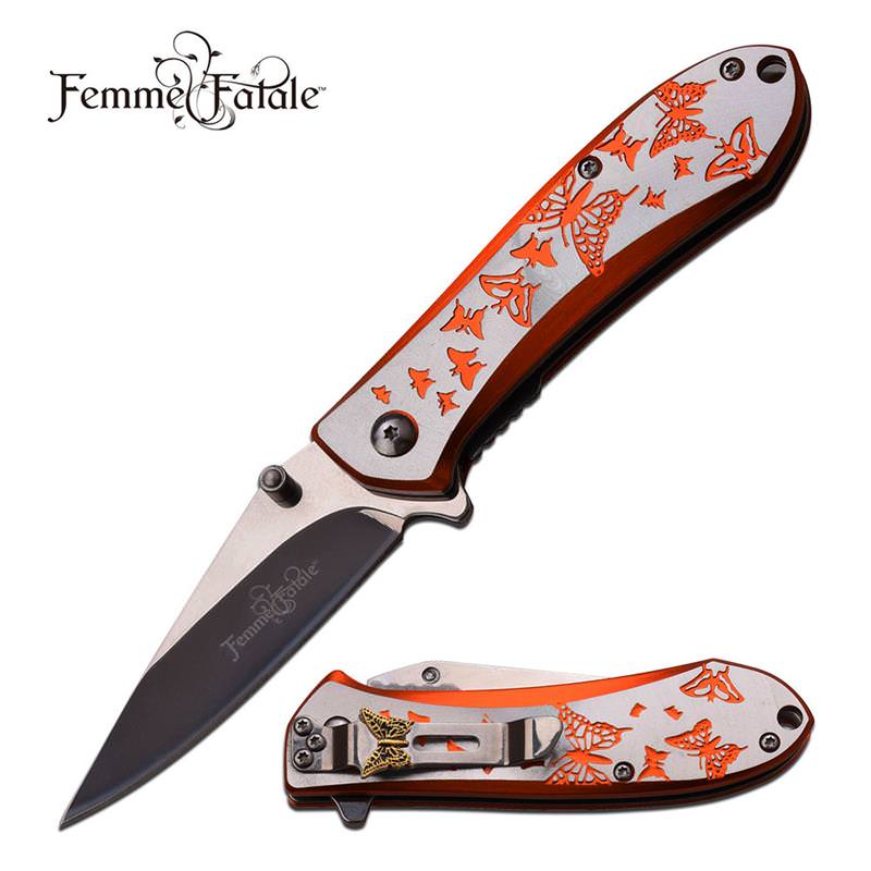 4 Inch Closed Butterfly Design Assisted Opening Knife Peach Silver Handle - TOPHATTER'S ARMORY DEALS Collectible Weapons - Tophatter Daily Deals