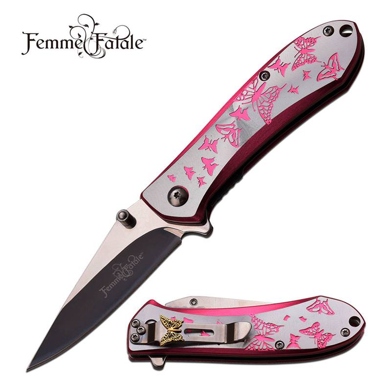 4 Inch Closed Butterfly Design Assisted Opening Knife Pink Silver Handle - TOPHATTER'S ARMORY DEALS Collectible Weapons - Tophatter Daily Deals