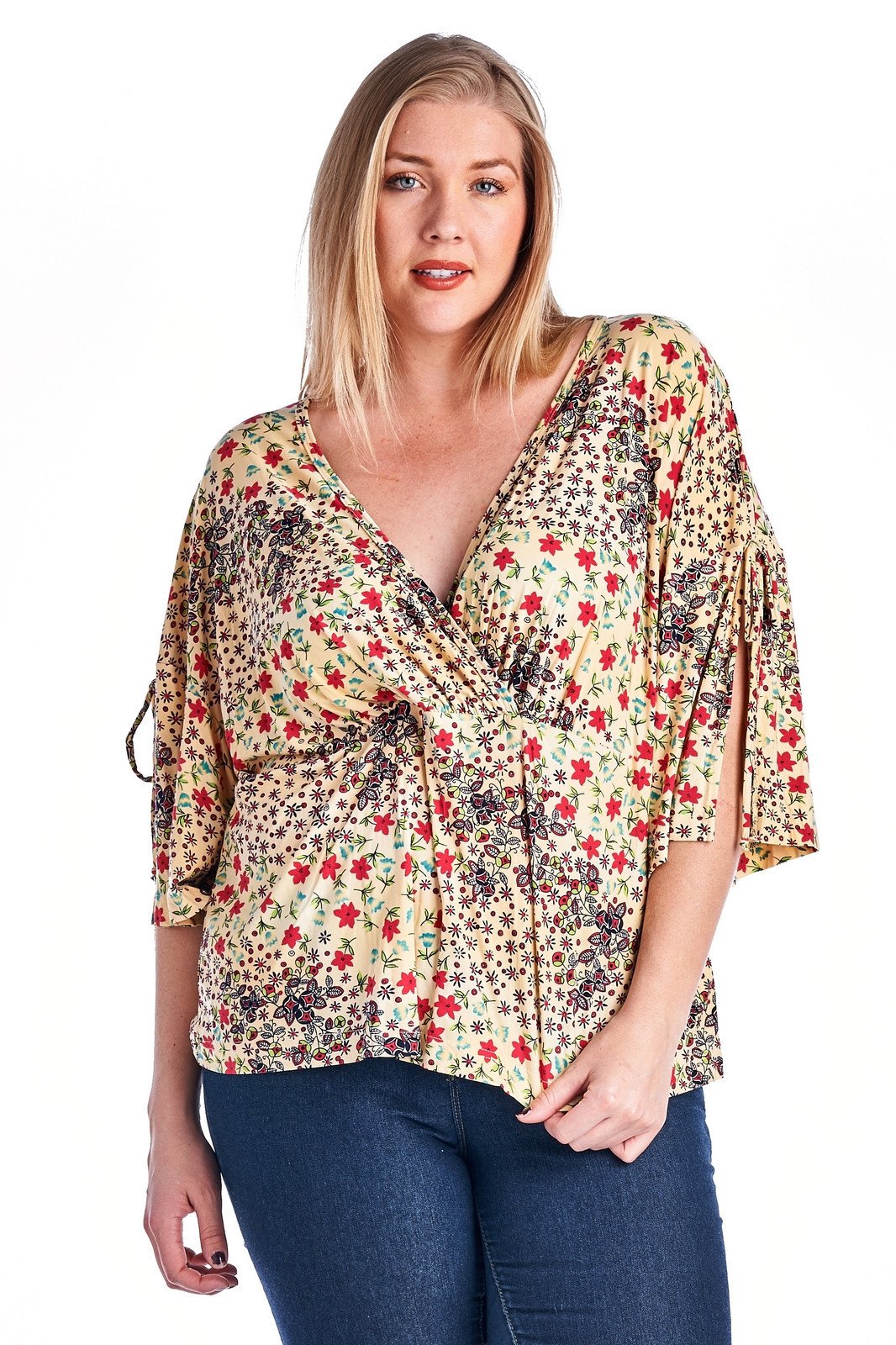 Women's Plus Size Floral Printed Wrap Top Red Yellow Plus Size / Tops - Tophatter Daily Deals