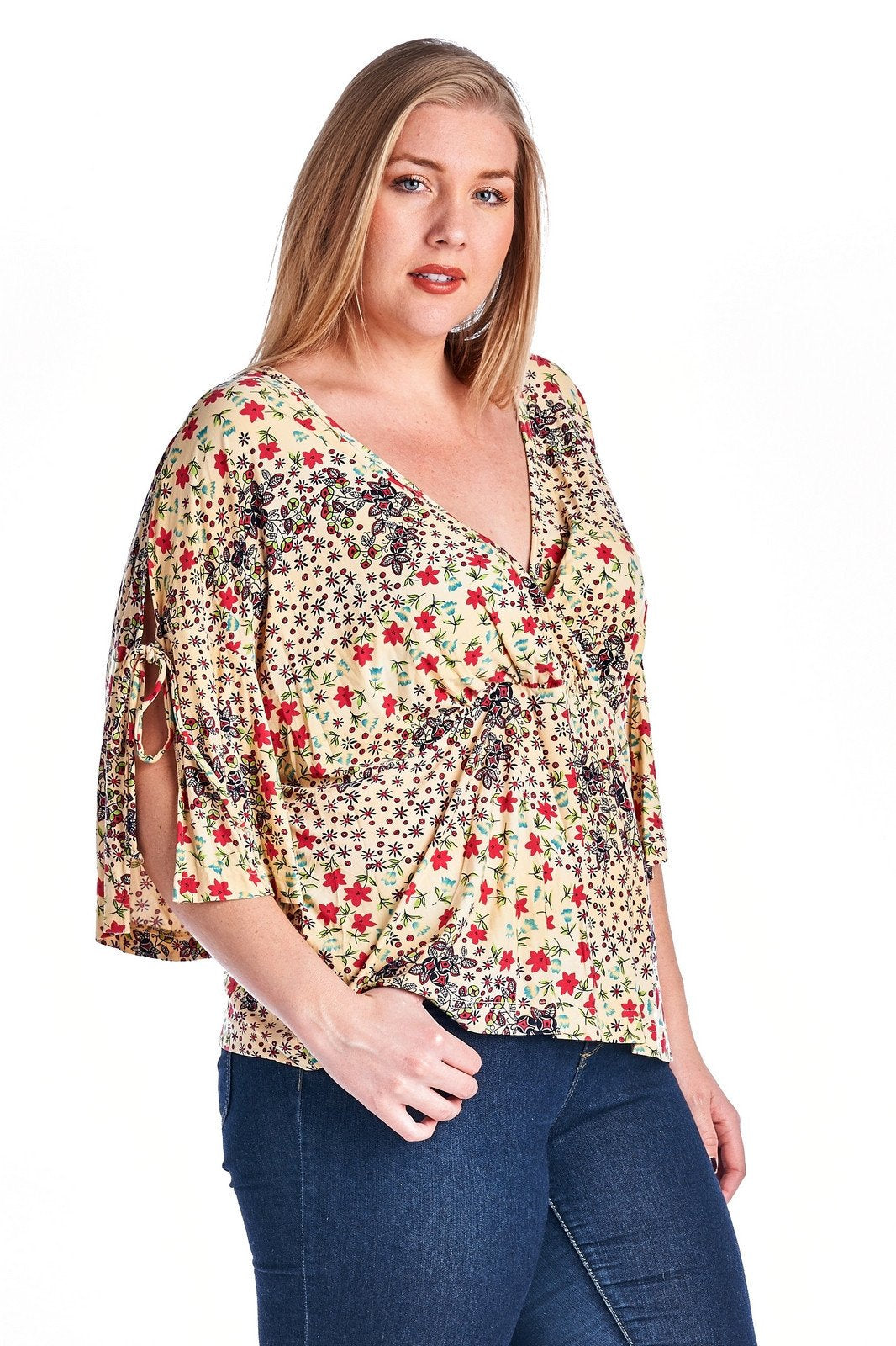 Women's Plus Size Floral Printed Wrap Top 20W Red Yellow Plus Size / Tops - Tophatter Daily Deals
