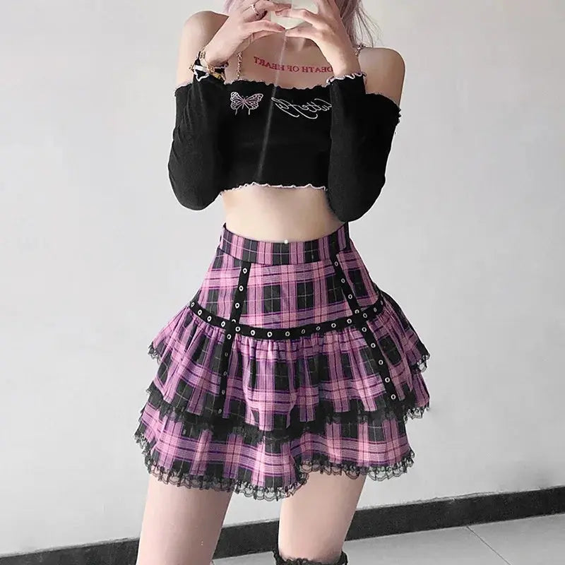 FICHOR Mall Goth Gothic Lace Ruffle Mini Skirts Womens Harajuku Fairy Grunge Pink Plaid Pleated Skirt Japanese Lolita Streetwear - Tophatter Daily Deals