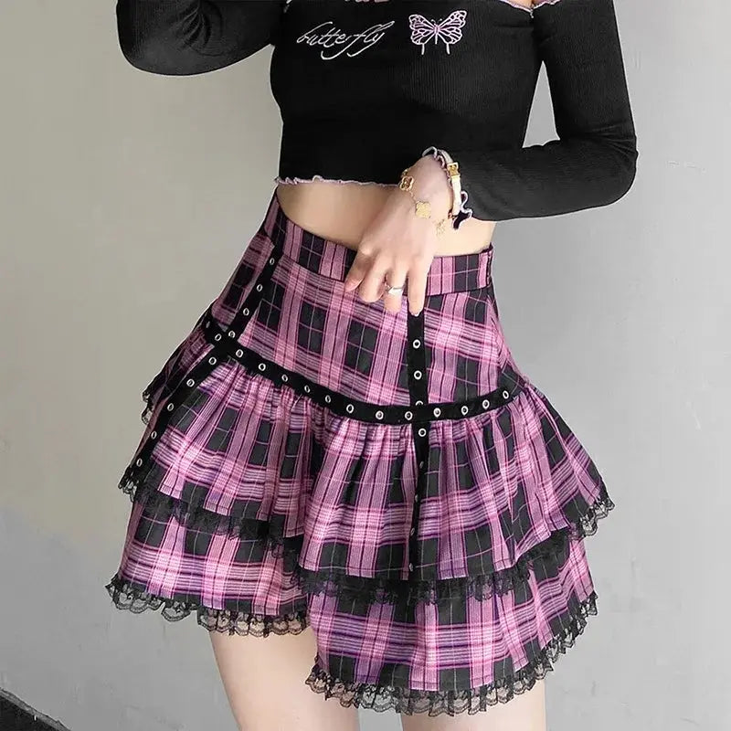 FICHOR Mall Goth Gothic Lace Ruffle Mini Skirts Womens Harajuku Fairy Grunge Pink Plaid Pleated Skirt Japanese Lolita Streetwear - Tophatter Daily Deals