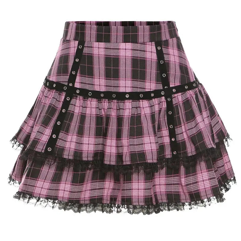 FICHOR Mall Goth Gothic Lace Ruffle Mini Skirts Womens Harajuku Fairy Grunge Pink Plaid Pleated Skirt Japanese Lolita Streetwear - Tophatter Daily Deals