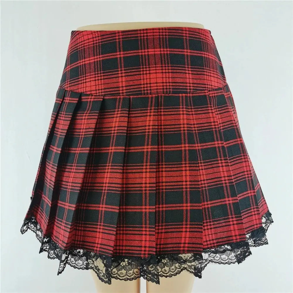 FICHOR Mall Goth Gothic Lace Ruffle Mini Skirts Womens Harajuku Fairy Grunge Pink Plaid Pleated Skirt Japanese Lolita Streetwear - Tophatter Daily Deals