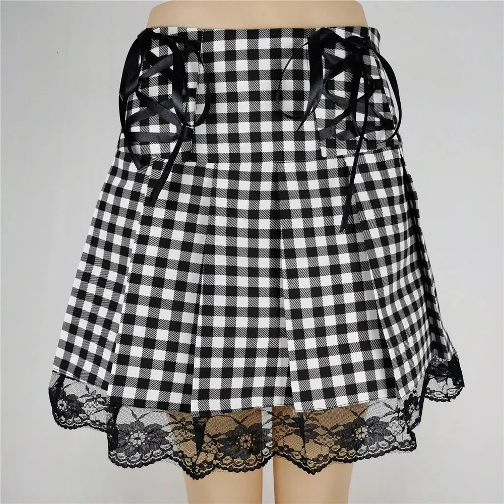 FICHOR Mall Goth Gothic Lace Ruffle Mini Skirts Womens Harajuku Fairy Grunge Pink Plaid Pleated Skirt Japanese Lolita Streetwear - Tophatter Daily Deals