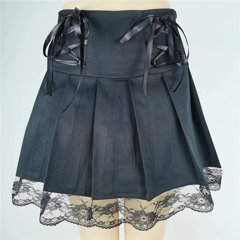 FICHOR Mall Goth Gothic Lace Ruffle Mini Skirts Womens Harajuku Fairy Grunge Pink Plaid Pleated Skirt Japanese Lolita Streetwear - Tophatter Daily Deals