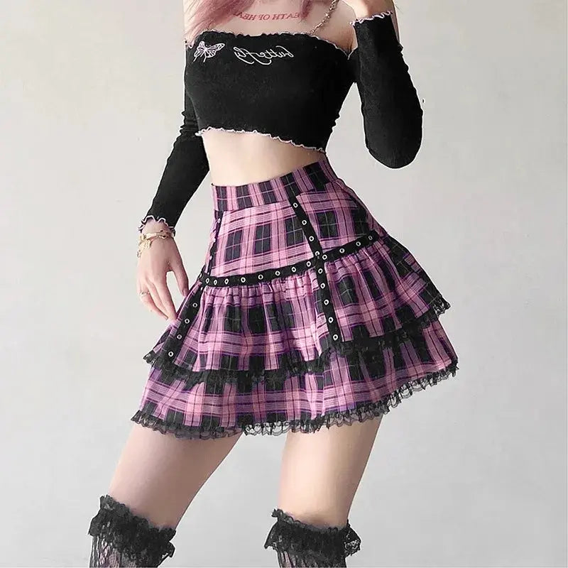 FICHOR Mall Goth Gothic Lace Ruffle Mini Skirts Womens Harajuku Fairy Grunge Pink Plaid Pleated Skirt Japanese Lolita Streetwear - Tophatter Daily Deals