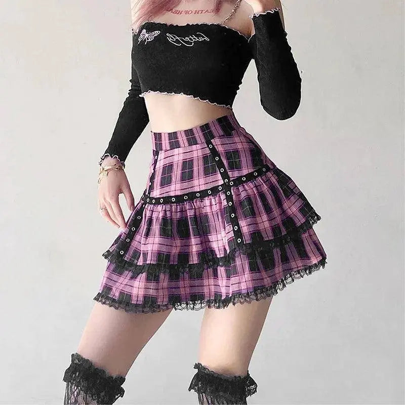 FICHOR Mall Goth Gothic Lace Ruffle Mini Skirts Womens Harajuku Fairy Grunge Pink Plaid Pleated Skirt Japanese Lolita Streetwear - Tophatter Daily Deals