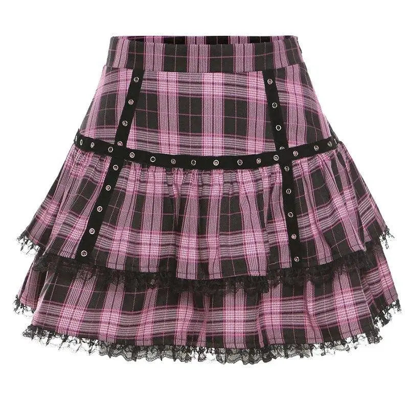 FICHOR Mall Goth Gothic Lace Ruffle Mini Skirts Womens Harajuku Fairy Grunge Pink Plaid Pleated Skirt Japanese Lolita Streetwear 9530 - Tophatter Daily Deals