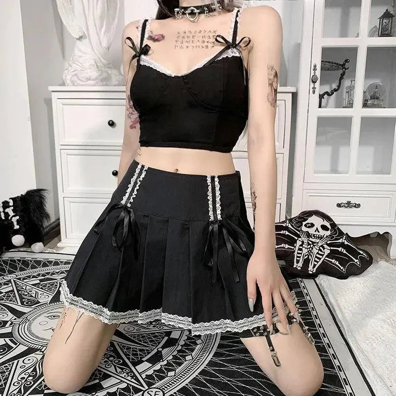 FICHOR Mall Goth Gothic Lace Ruffle Mini Skirts Womens Harajuku Fairy Grunge Pink Plaid Pleated Skirt Japanese Lolita Streetwear - Tophatter Daily Deals