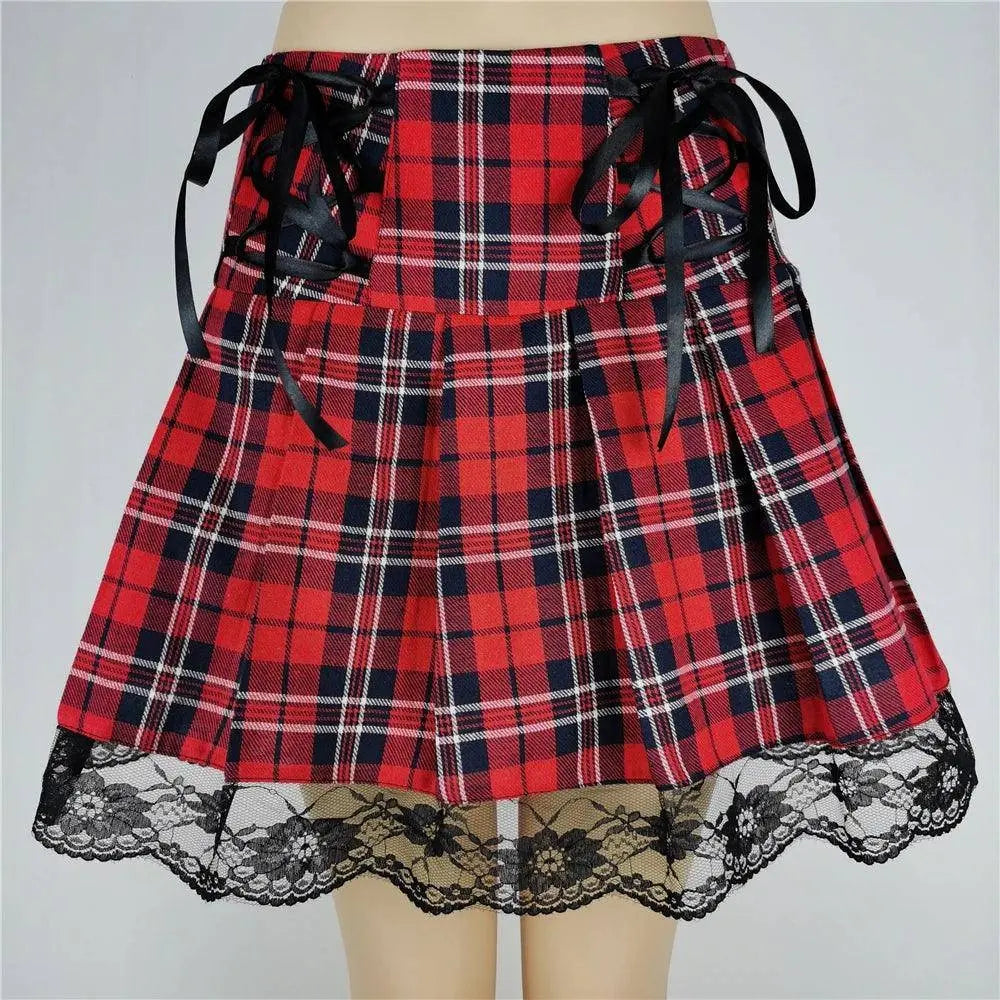 FICHOR Mall Goth Gothic Lace Ruffle Mini Skirts Womens Harajuku Fairy Grunge Pink Plaid Pleated Skirt Japanese Lolita Streetwear - Tophatter Daily Deals