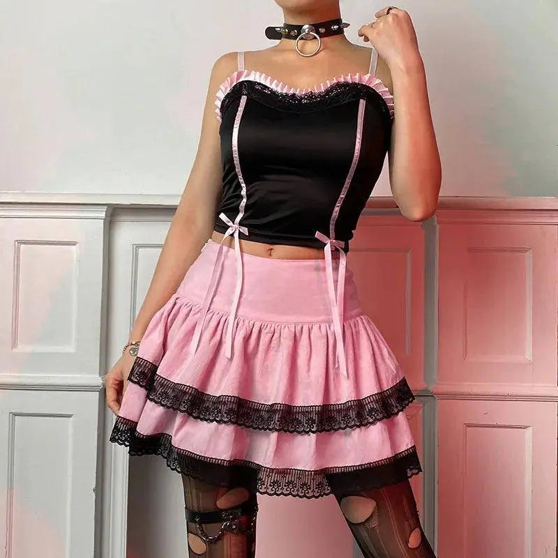 FICHOR Mall Goth Gothic Lace Ruffle Mini Skirts Womens Harajuku Fairy Grunge Pink Plaid Pleated Skirt Japanese Lolita Streetwear - Tophatter Daily Deals