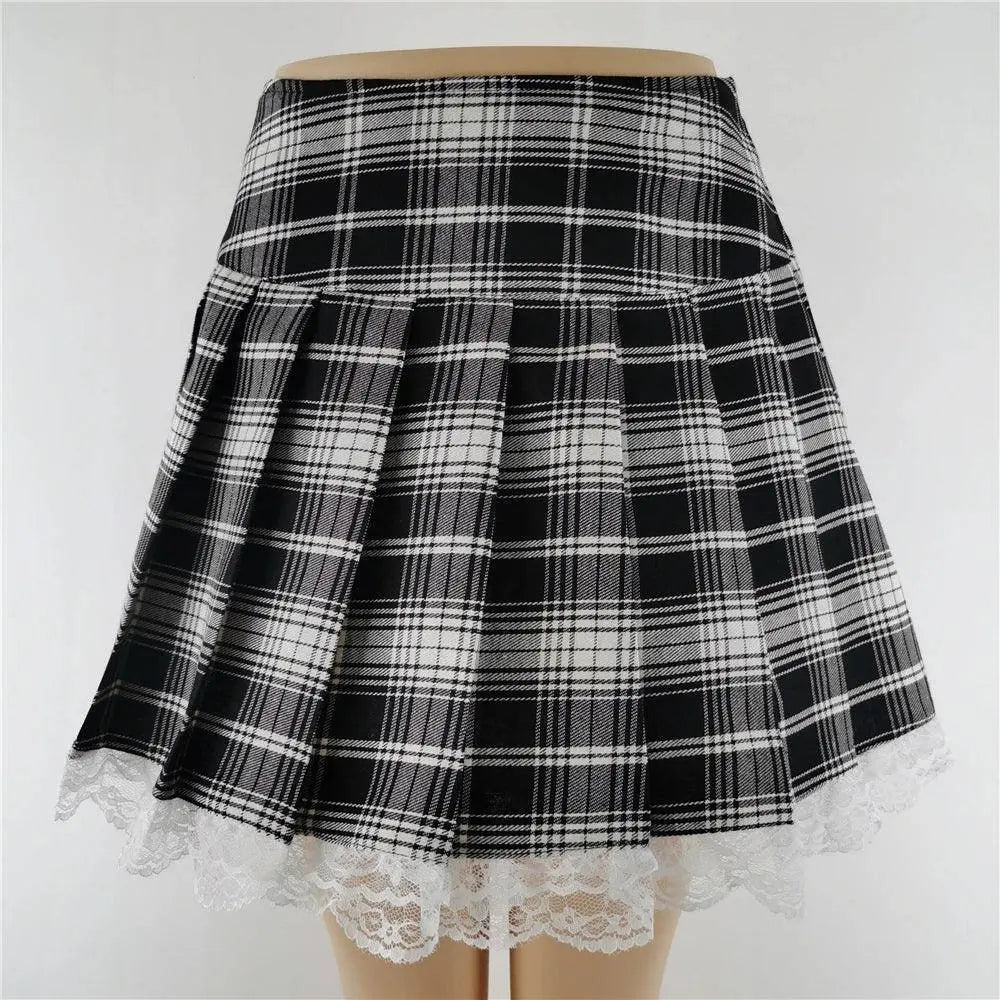 FICHOR Mall Goth Gothic Lace Ruffle Mini Skirts Womens Harajuku Fairy Grunge Pink Plaid Pleated Skirt Japanese Lolita Streetwear - Tophatter Daily Deals
