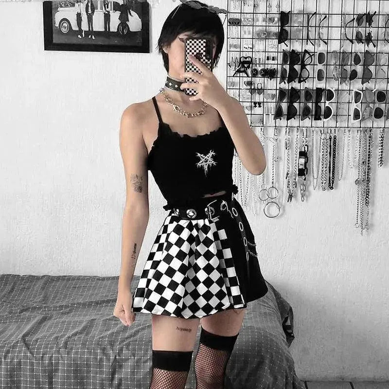 FICHOR Punk Skirt Gothic Plaid A Line Mini Harajuku Streetwear Sexy Plaid Patchwork Skirt E Girl Grunge Y2K Club Wear - Tophatter Daily Deals