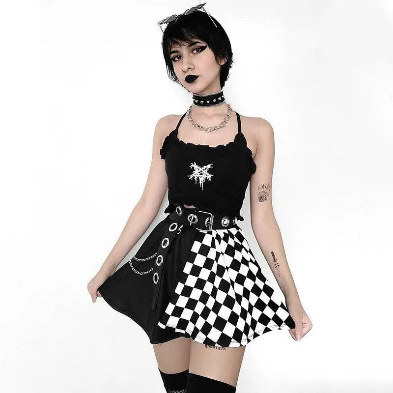 FICHOR Punk Skirt Gothic Plaid A Line Mini Harajuku Streetwear Sexy Plaid Patchwork Skirt E Girl Grunge Y2K Club Wear - Tophatter Daily Deals