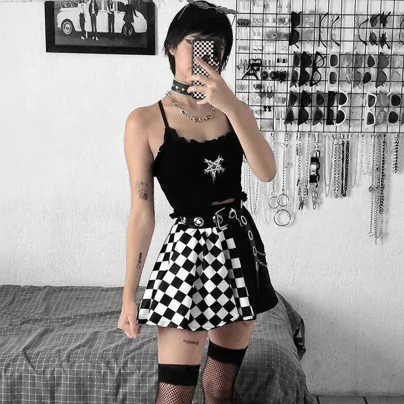 FICHOR Punk Skirt Gothic Plaid A Line Mini Harajuku Streetwear Sexy Plaid Patchwork Skirt E Girl Grunge Y2K Club Wear - Tophatter Daily Deals