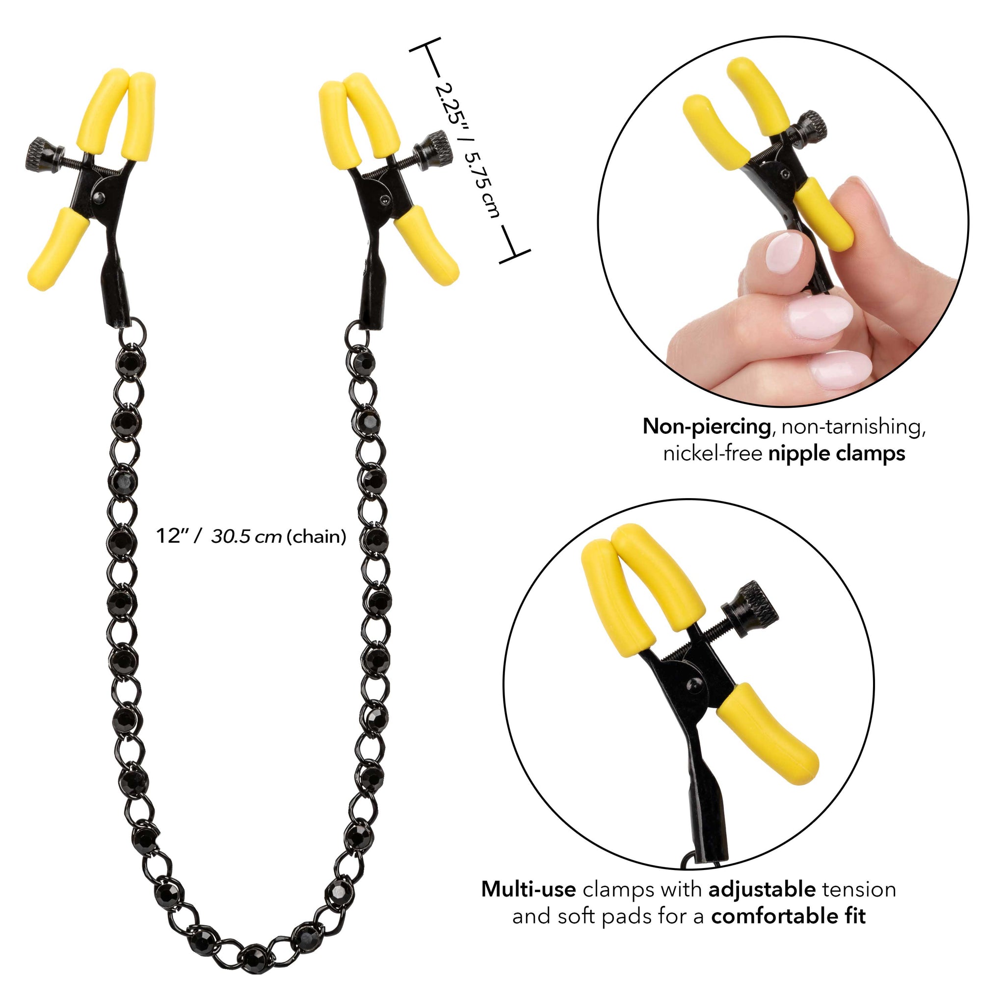 Boundless Nipple Teasers Adjustable Black Chain with Yellow Silicone Coated Clamps and Crystal Adornments > Sex Toys > Nipple Clamps - Tophatter Daily Deals