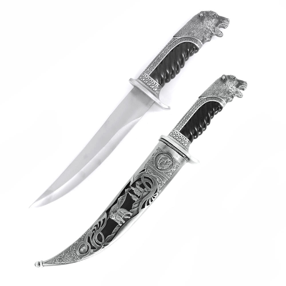 Antique Silver Bear Collectors Dagger Fixed Blade Hunting Knife With Scabbard Collectible Weapons - Tophatter Daily Deals