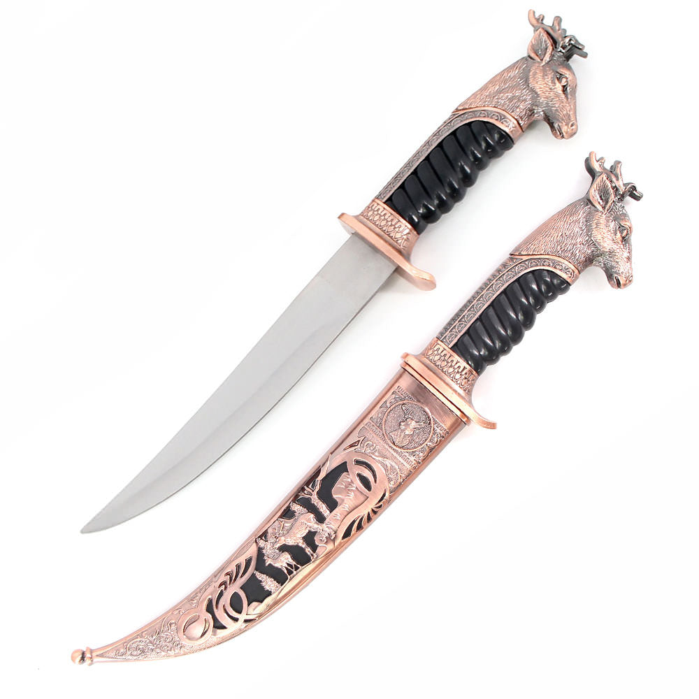 Bronze Dear Collectors Dagger Fixed Blade Hunting Knife With Scabbard - Tophatter's Guns'N'Weapons Store Collectible Weapons - Tophatter Daily Deals