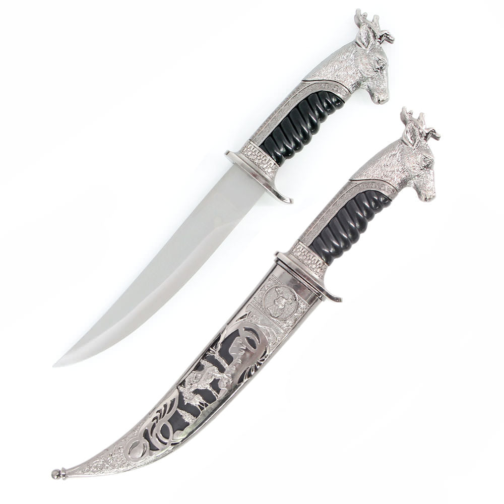 Antique Silver Dear Collectors Dagger Fixed Blade Hunting Knife With Scabbard Collectible Weapons - Tophatter Daily Deals
