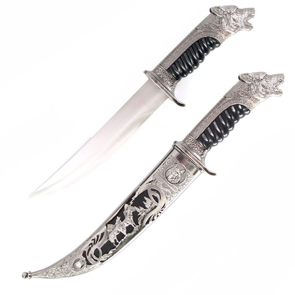 Antique Silver Wolf Collectors Dagger Fixed Blade Hunting Knife With Scabbard - Tophatter's Guns'N'Weapons Store - FREE SHIPPING Collectible Weapons - Tophatter Daily Deals