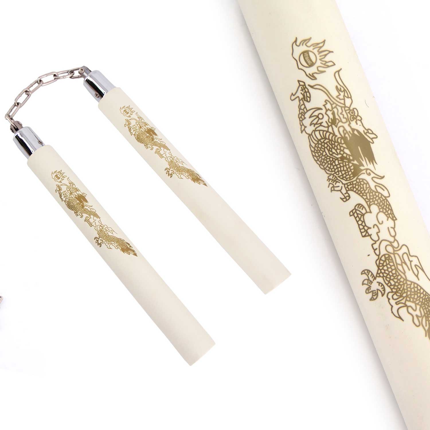White Dragon Foam Padded Nunchaku with Steel Swivel Chain Collectible Weapons - Tophatter Daily Deals