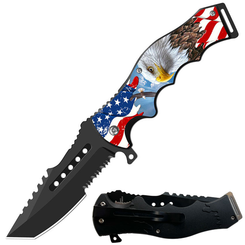8.5" Tactical American Eagle Spring Assisted Folding Open Pocket Knife Cleaver Blade - TOPHATTER'S ARMORY DEALS Collectible Weapons - Tophatter Daily Deals