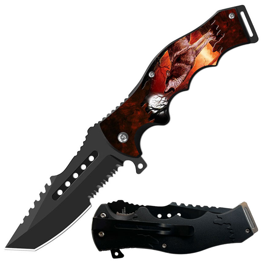 8.5" Tactical Wolf Howling Spring Assisted Folding Open Pocket Knife Cleaver Blade - TOPHATTER'S ARMORY DEALS Collectible Weapons - Tophatter Daily Deals