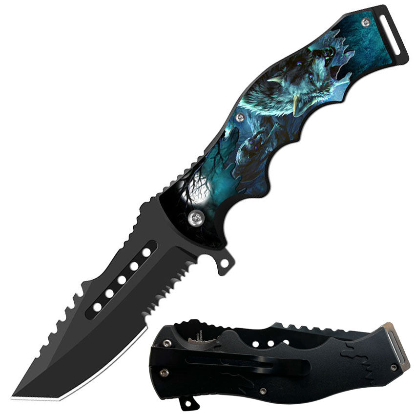 8.5" Tactical Wolf Spring Assisted Folding Open Pocket Knife Cleaver Blade - TOPHATTER'S ARMORY DEALS Collectible Weapons - Tophatter Daily Deals