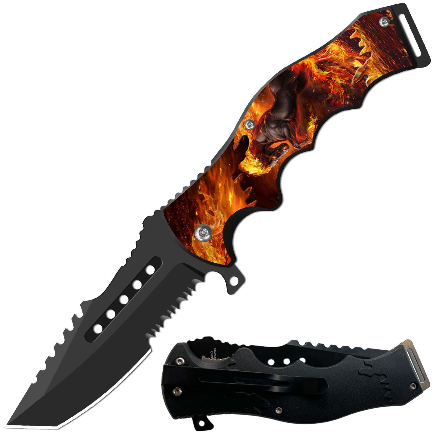 8.5" Tactical Flame Horse Spring Assisted Folding Open Pocket Knife Cleaver Blade - TOPHATTER'S ARMORY DEALS Collectible Weapons - Tophatter Daily Deals